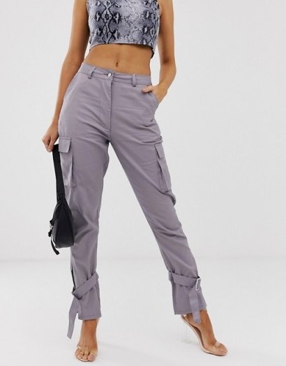 Missguided cargo trousers with tie cuff detail in grey - flipped