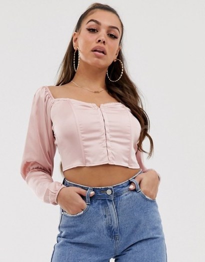 Missguided satin corset top with puff sleeves in pink - flipped