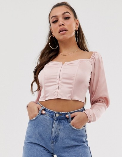 Missguided satin corset top with puff sleeves in pink