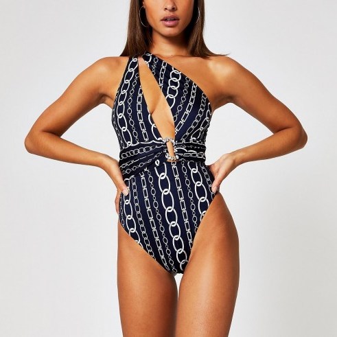 River Island Navy chain print one shoulder swimsuit | asymmetric front plunge one-piece - flipped