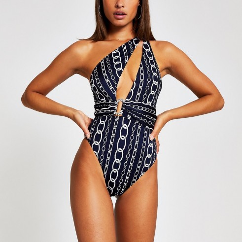 River Island Navy chain print one shoulder swimsuit | asymmetric front plunge one-piece