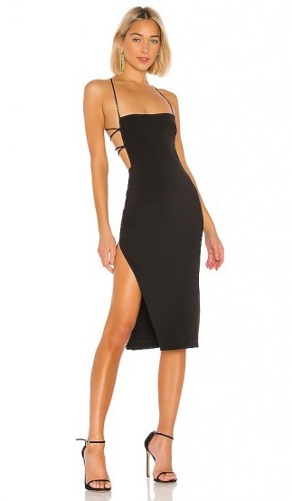 NBD Becky Midi Dress Black – strappy back tie-up with thigh high split - flipped
