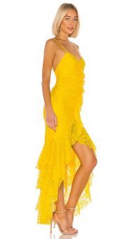 NBD Rosaleen Gown Bright Yellow – skinny shoulder straps and tiered ruffles