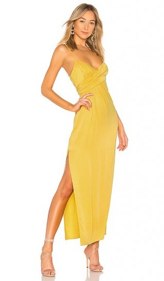 NBD Saanvi Gown Mustard Yellow | skinny strap side slit evening dresses - flipped