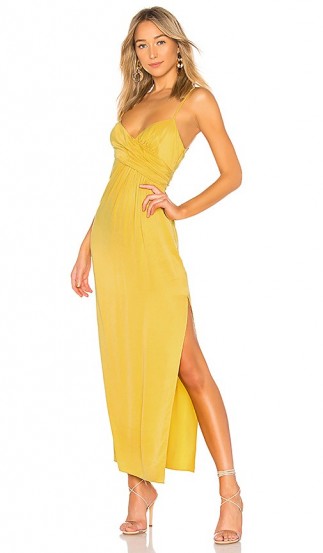 NBD Saanvi Gown Mustard Yellow | skinny strap side slit evening dresses