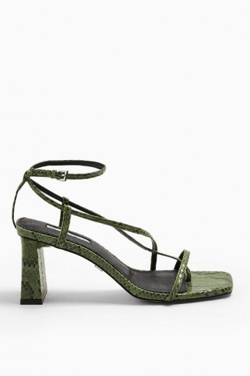 TOPSHOP NICO Green Set Back Heels / strappy snake sandals
