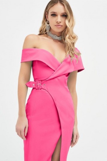 LAVISH ALICE off shoulder buckle detail wrap dress in fuchsia ~ pink asymmetric party dresses - flipped
