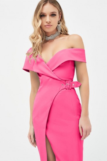 LAVISH ALICE off shoulder buckle detail wrap dress in fuchsia ~ pink asymmetric party dresses