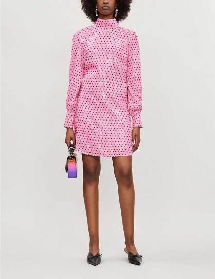 OLIVIA RUBIN Melissa polka dot-pattern sequinned mini dress in pink / bright high neck shift / retro fashion - flipped