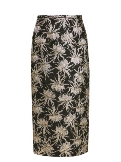 ROCHAS Oncidium metallic-jacquard pencil skirt ~ luxe floral skirts - flipped