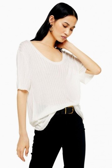 Topshop Oversized Rib Knitted T-Shirt in Ivory | slouchy scoop neck tee - flipped
