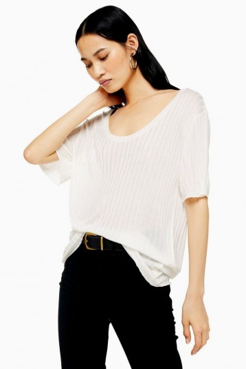 Topshop Oversized Rib Knitted T-Shirt in Ivory | slouchy scoop neck tee