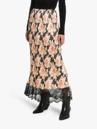 Paco Rabanne Rose Print Midi Skirt ~ floral lace trimmed skirts - flipped