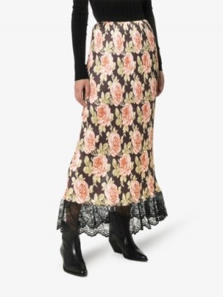 Paco Rabanne Rose Print Midi Skirt ~ floral lace trimmed skirts