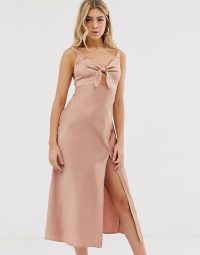 Parallel Lines bow front satin slip dress with thigh split in rose pink – high slit going out dresses