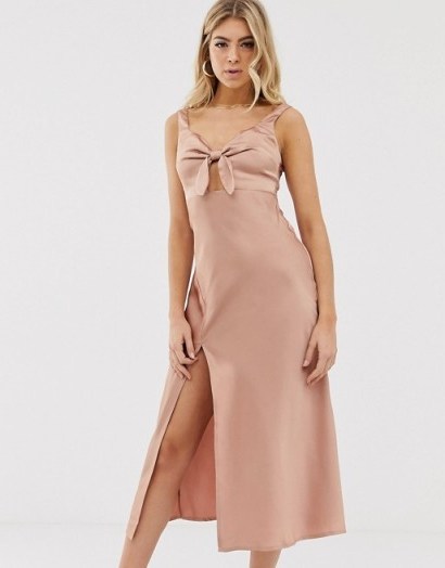 Parallel Lines bow front satin slip dress with thigh split in rose pink – high slit going out dresses - flipped
