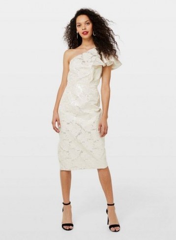 Miss Selfridge PETITE White Jacquard Midi Dress | one shoulder ruffle dresses - flipped