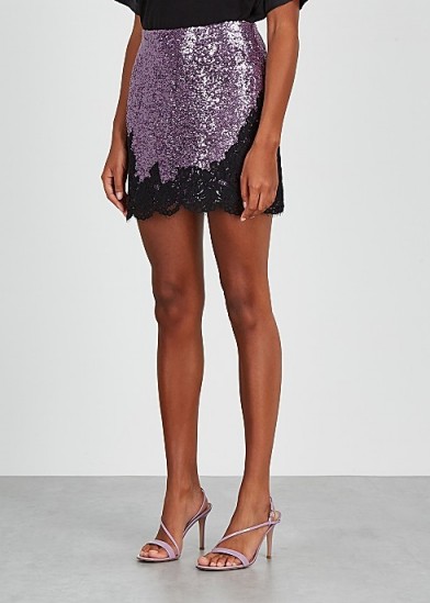 PHILOSOPHY DI LORENZO SERAFINI Lilac lace-trimmed sequin mini skirt | luxe skirts | glittering party fashion