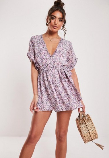 Missguided pink floral ruffle tie waist playsuit | floaty plunge front playsuits - flipped