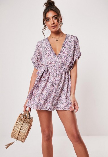 Missguided pink floral ruffle tie waist playsuit | floaty plunge front playsuits