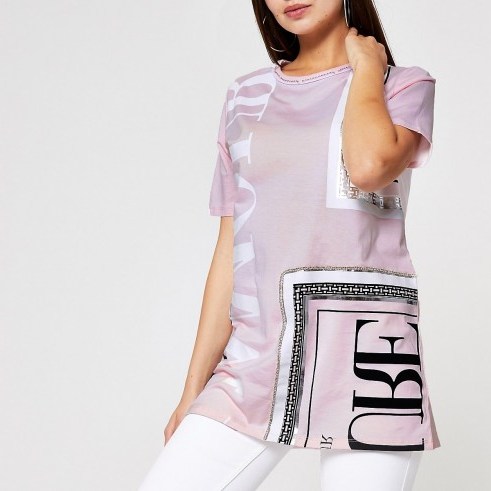 RIVER ISLAND Pink print diamante embellished T-shirt – printed jersey tee - flipped