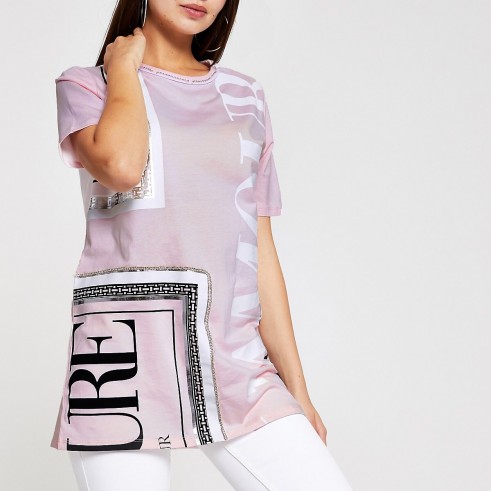 RIVER ISLAND Pink print diamante embellished T-shirt – printed jersey tee