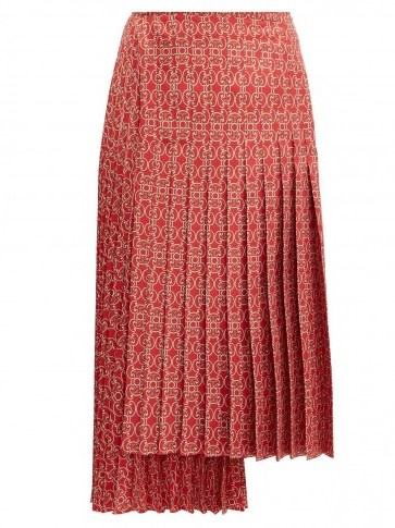 FENDI Pleated gate-print silk-twill skirt in red ~ asymmetric panel skirts - flipped