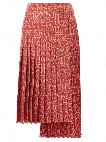 FENDI Pleated gate-print silk-twill skirt in red ~ asymmetric panel skirts
