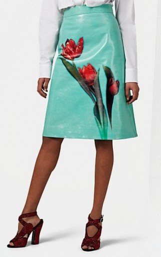 PRADA Rose-Graphic Leather A-Line Skirt in Light-Green / Red ~ luxe floral skirts - flipped