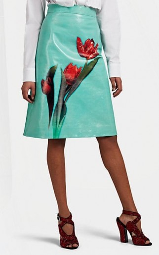 PRADA Rose-Graphic Leather A-Line Skirt in Light-Green / Red ~ luxe floral skirts
