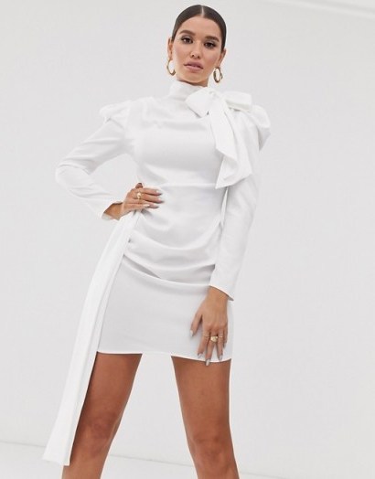 Public Desire X Lissy Roddy mini dress with puff shoulders and tie neck in white – high neck pussy bow dresses - flipped
