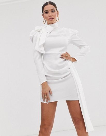Public Desire X Lissy Roddy mini dress with puff shoulders and tie neck in white – high neck pussy bow dresses
