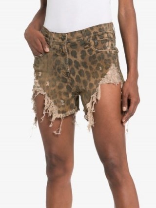 R13 Shredded Slouch Leopard Print Denim Shorts in Brown - flipped