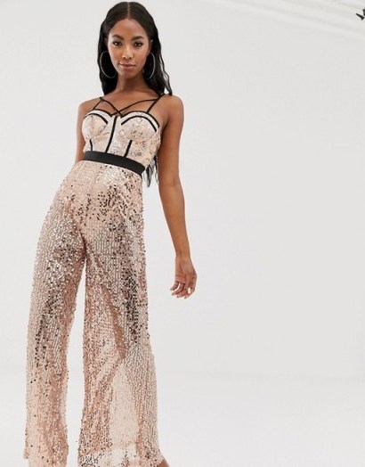 Rare sequin leg bustier jumpsuit in dusty pink / shimmering strappy front jumpsuits - flipped