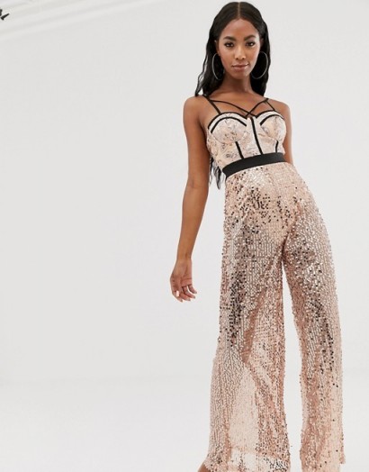 Rare sequin leg bustier jumpsuit in dusty pink / shimmering strappy ...