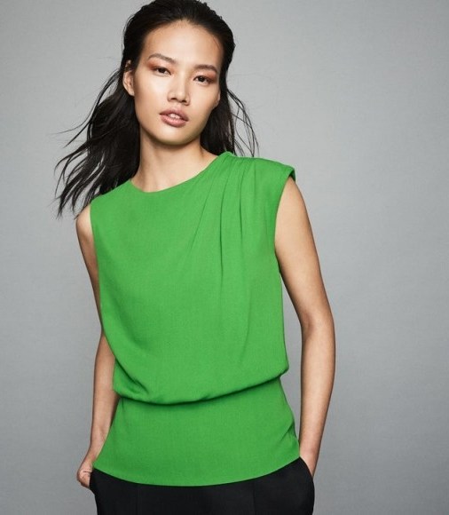 REISS ROBERTA PLEAT DETAILED SLEEVELESS TOP GREEN ~ contemporary clothing - flipped