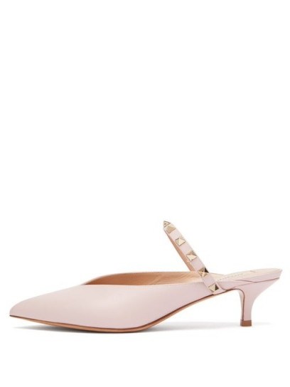 VALENTINO Rockstud Hype leather mules in light-pink ~ luxe kitten heels - flipped