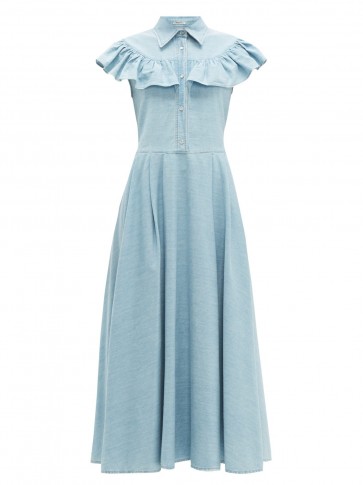MIU MIU Ruffled light-blue denim midi dress