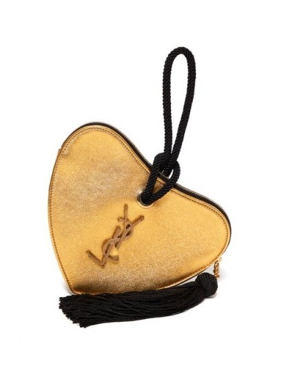 SAINT LAURENT Sac Cœur heart gold-leather clutch | small luxe evening bag - flipped