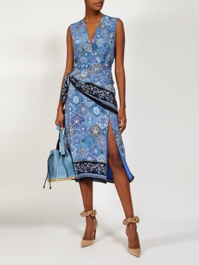 ALTUZARRA Sade blue paisley-print silk wrap dress ~ sleeveless front wrap detail dresses
