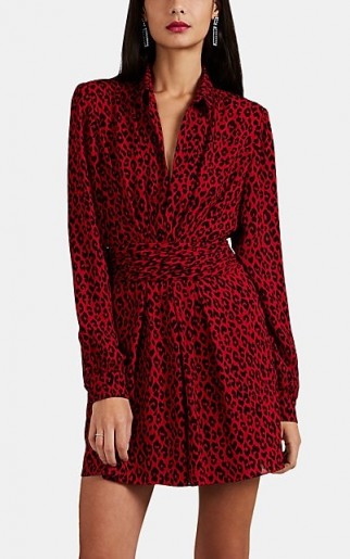 SAINT LAURENT Red and Black Leopard-Print Crepe Shirtdress / designer shirt dress