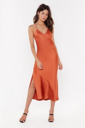 Nasty Gal Satin the Know Cowl Midi Dress in Rust | slinky cross back cami frock - flipped