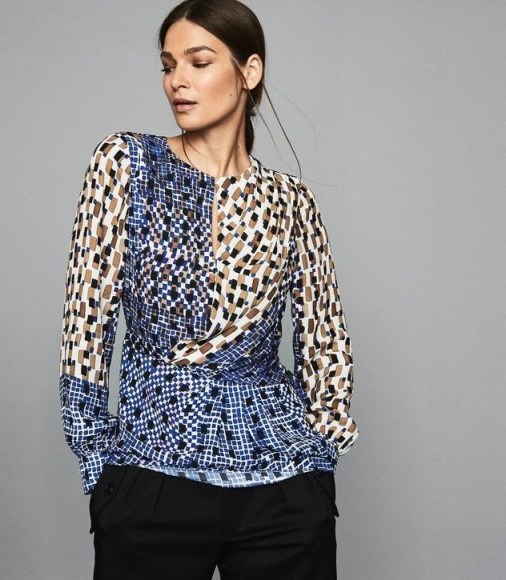 REISS SELMA PRINTED WRAP FRONT BLOUSE BLUE ~ abstract prints - flipped