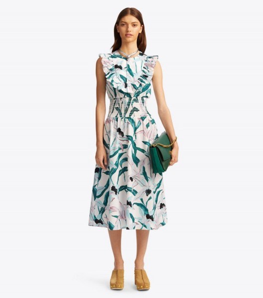 TORY BURCH SMOCKED PRINTED DRESS in Ivory Desert Bloom ~ ruffled summer dresses - flipped