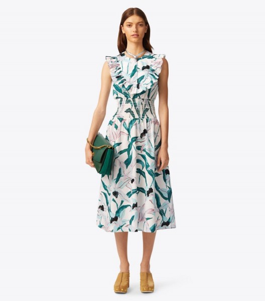 TORY BURCH SMOCKED PRINTED DRESS in Ivory Desert Bloom ~ ruffled summer dresses