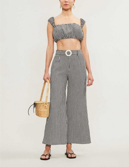SOLID & STRIPED Gingham high-rise wide-leg seersucker trousers in black and white - flipped