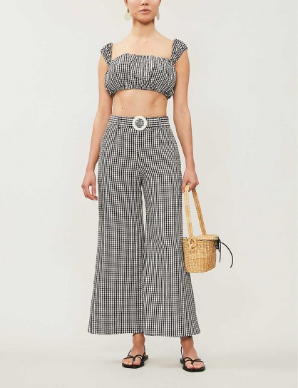SOLID & STRIPED Gingham high-rise wide-leg seersucker trousers in black and white