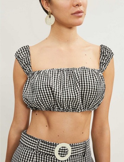 SOLID & STRIPED Gingham puff-sleeve crepe crop top in black and white ~ cropped summer tops - flipped