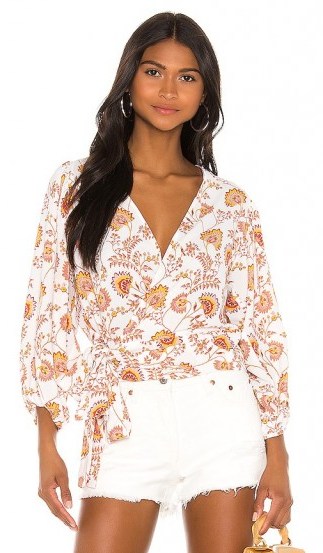 1. STATE Wrap Front Petal Leaf Garden Blouse in Gold Sun - flipped