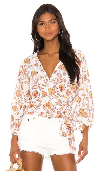 1. STATE Wrap Front Petal Leaf Garden Blouse in Gold Sun